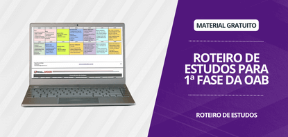 Imagem ilustrativa com um notebook apresentando na tela o ebook Roteiro de Estudos para 1ª fase da OAB